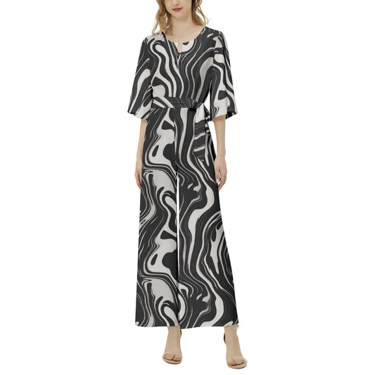 Wavy Black and White Ink Pattern Dolman Belted Jumpsuit