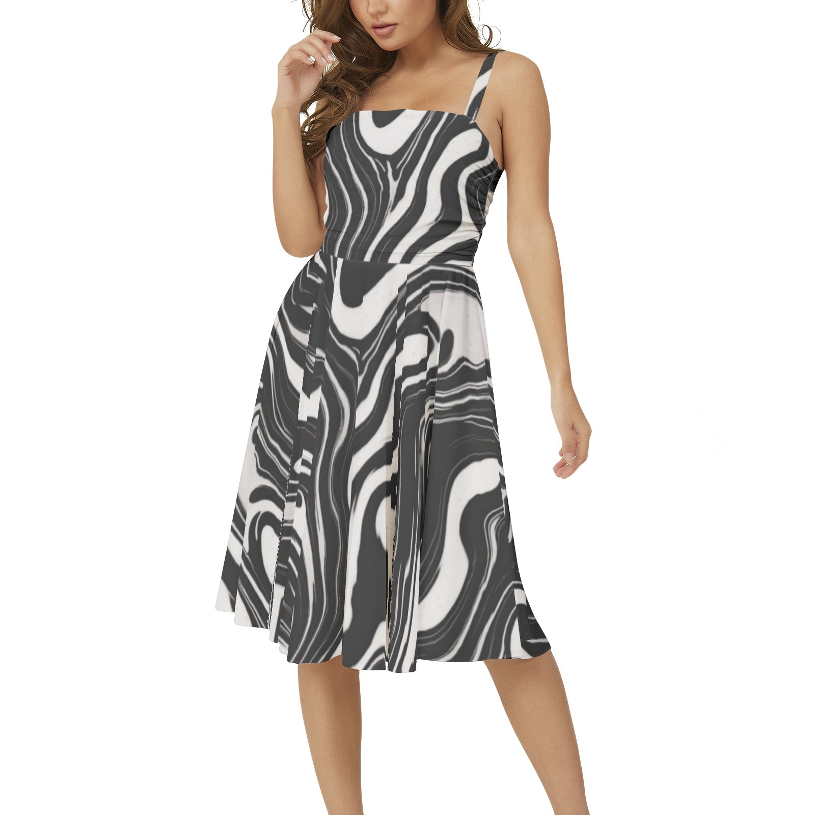 Wavy Black and White Ink Pattern Sleeveless Square Neck Flared Midi Dress