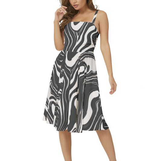 Wavy Black and White Ink Pattern Sleeveless Square Neck Flared Midi Dress
