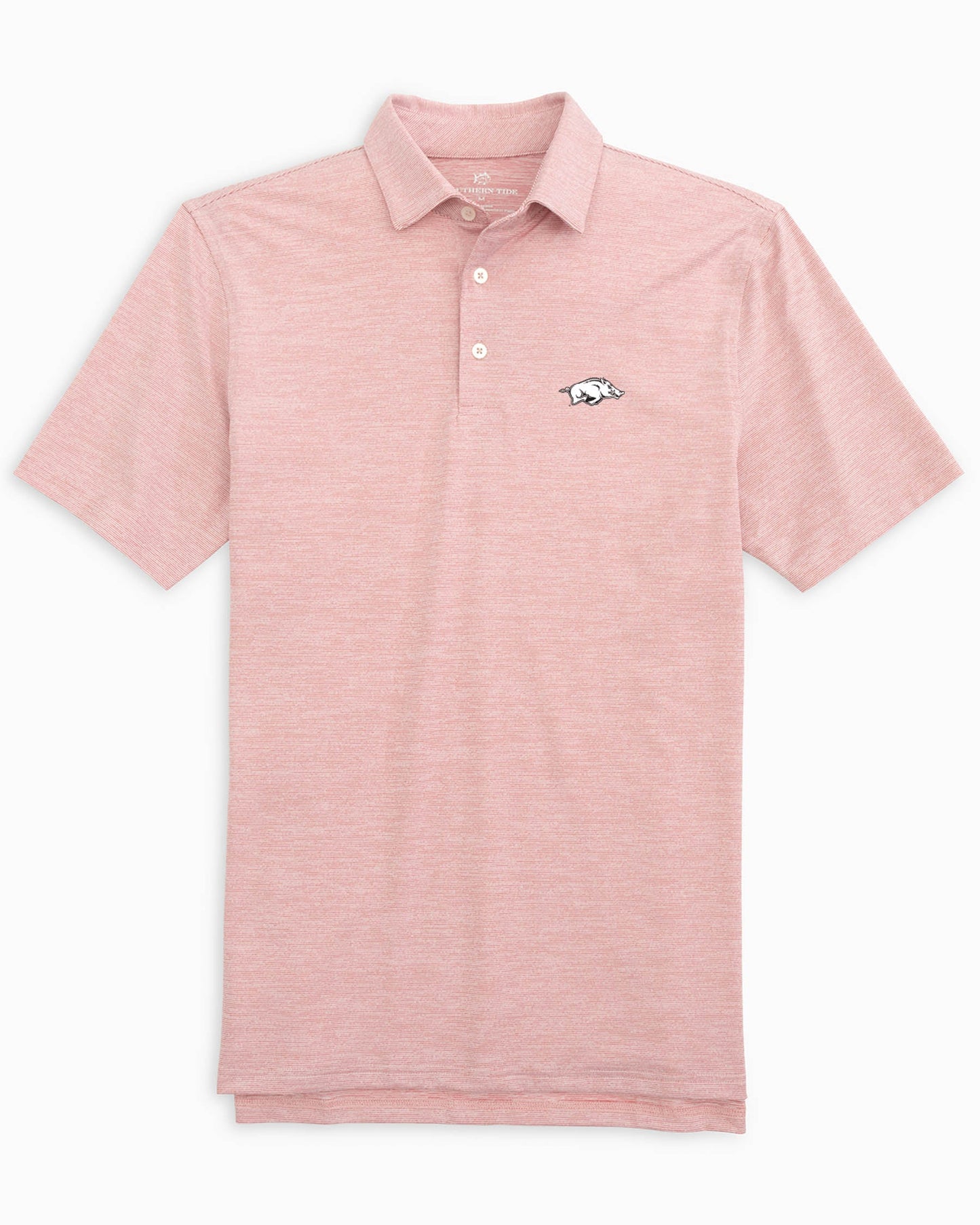 The front of the Arkansas Razorbacks Driver Spacedye Polo Shirt by Southern Tide - Crimson