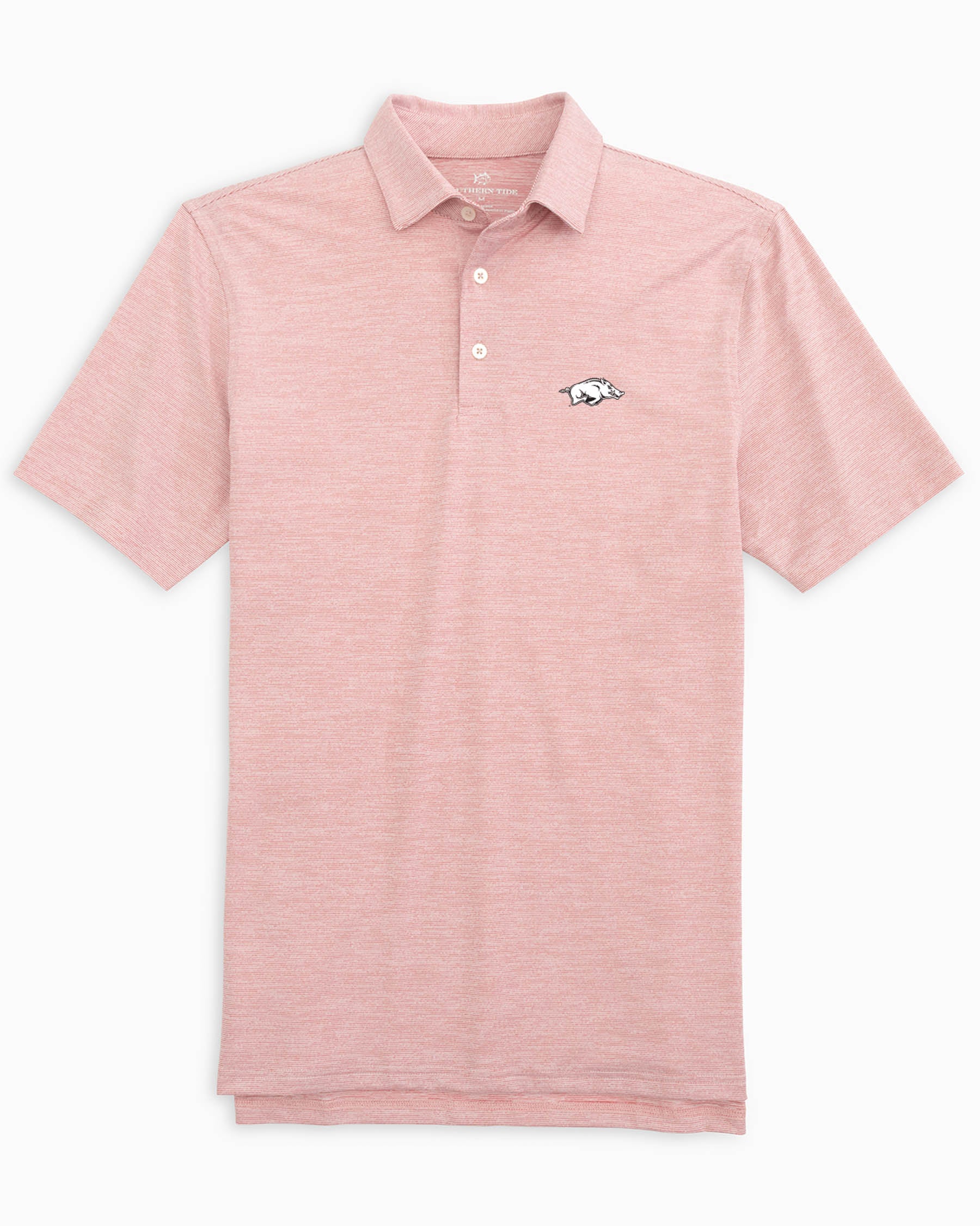 The front of the Arkansas Razorbacks Driver Spacedye Polo Shirt by Southern Tide - Crimson