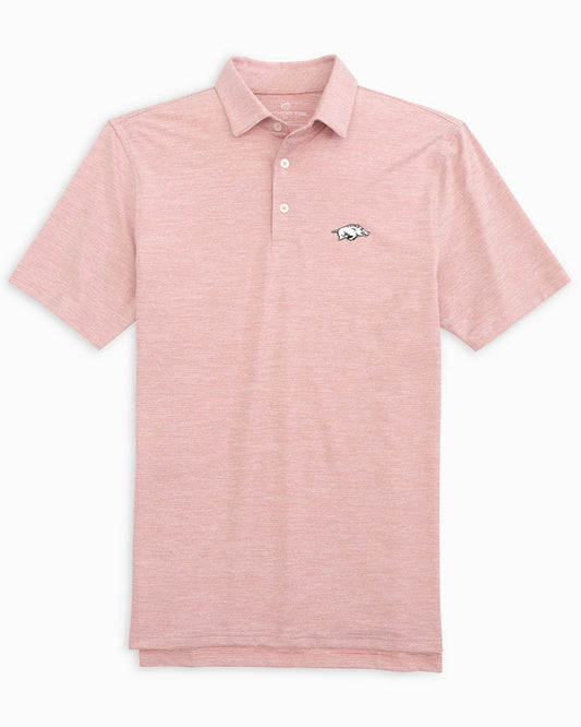 The front of the Arkansas Razorbacks Driver Spacedye Polo Shirt by Southern Tide - Crimson