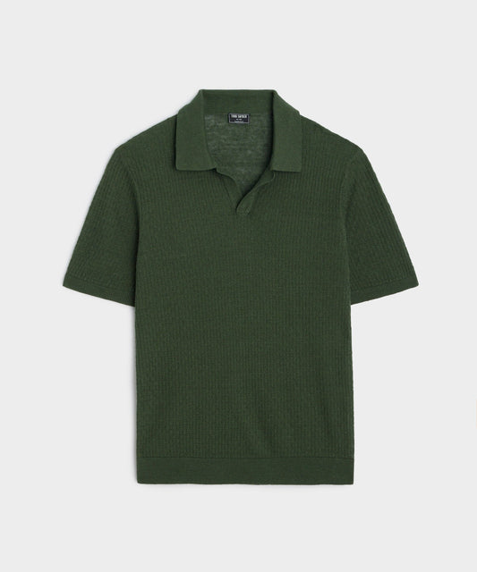 Basketweave Linen Montauk Sweater Polo in Evergreen