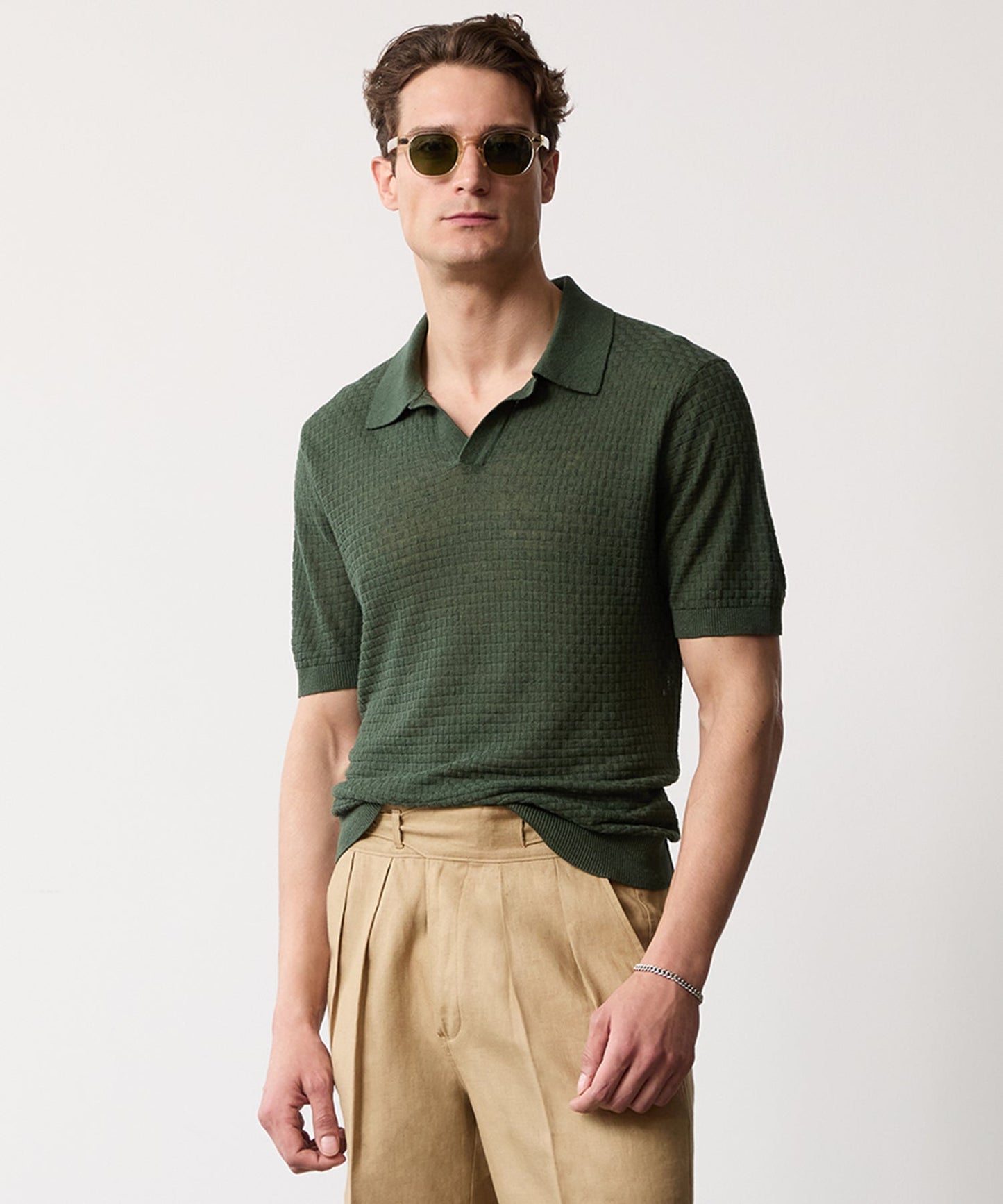 Basketweave Linen Montauk Sweater Polo in Evergreen