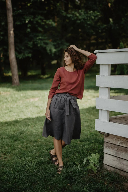 Bergen Mid-Length Linen Skirt Skirts AmourLinen L/XL Charcoal