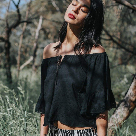 Black Off the Shoulder Ruffle Sleeves Top