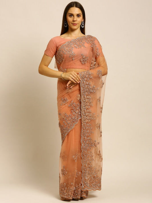 Kasee Peach-Coloured & Silver-Toned Floral Embroidered Net Saree