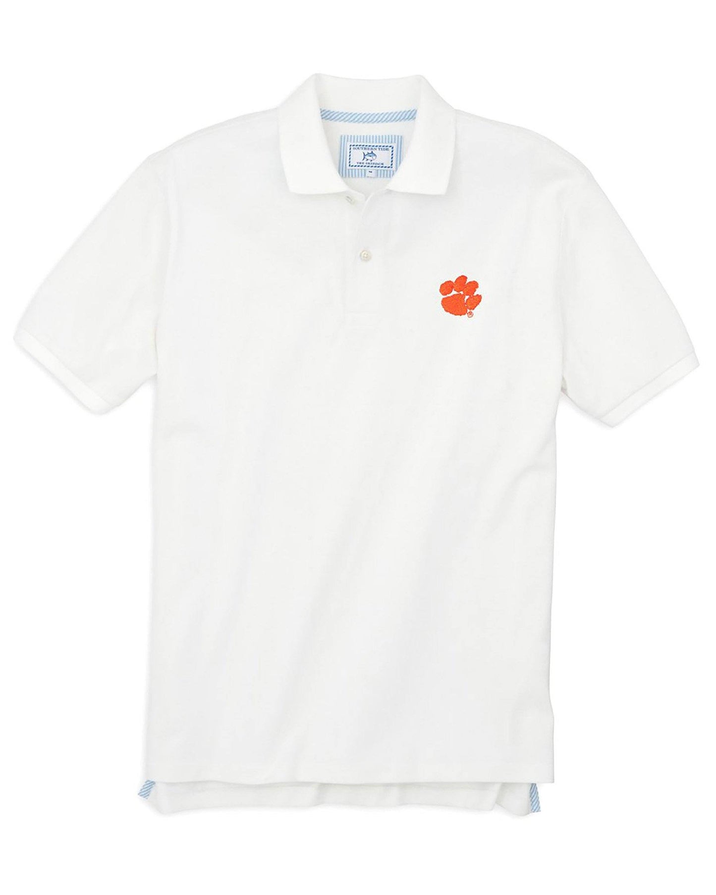 The front view of the Men's White Clemson Tigers Pique Polo Shirt by Southern Tide - Classic White
