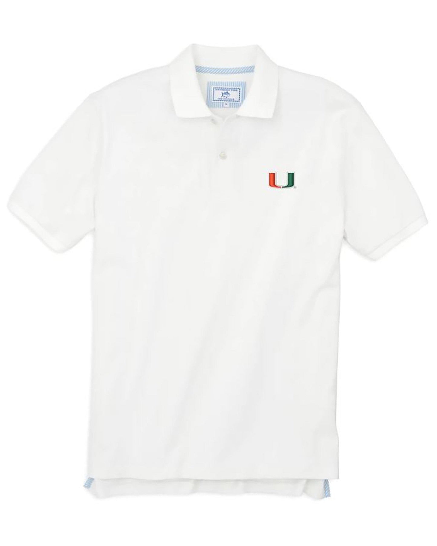 The front view of the Men's White Miami Hurricanes Pique Polo Shirt by Southern Tide - Classic White