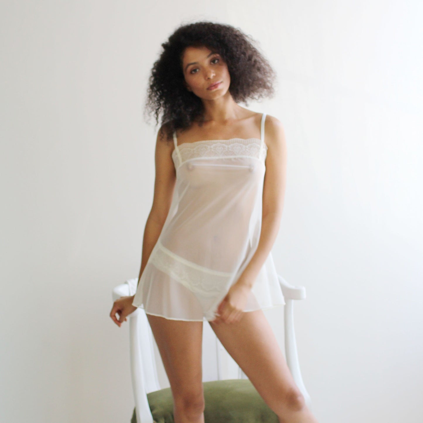 2 Piece Lingerie Set includes sheer babydoll camisole with lace trim and matching lace trimmed panties