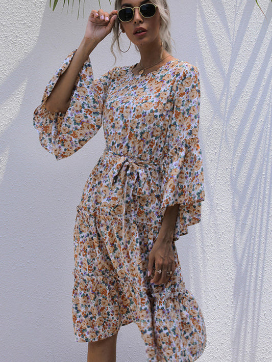 Boho Chic round neck print lace-up long-sleeve floral dress