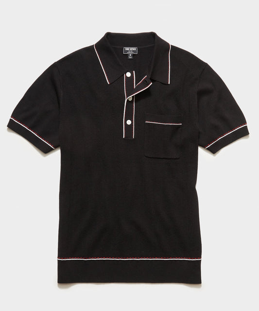 Italian Cotton Silk Tipped Riviera Sweater Polo in Black
