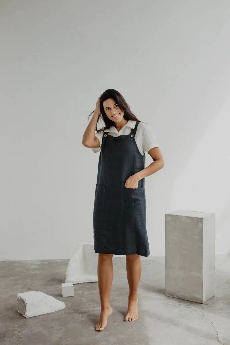 Jade Linen Apron Dress Dresses AmourLinen S Charcoal