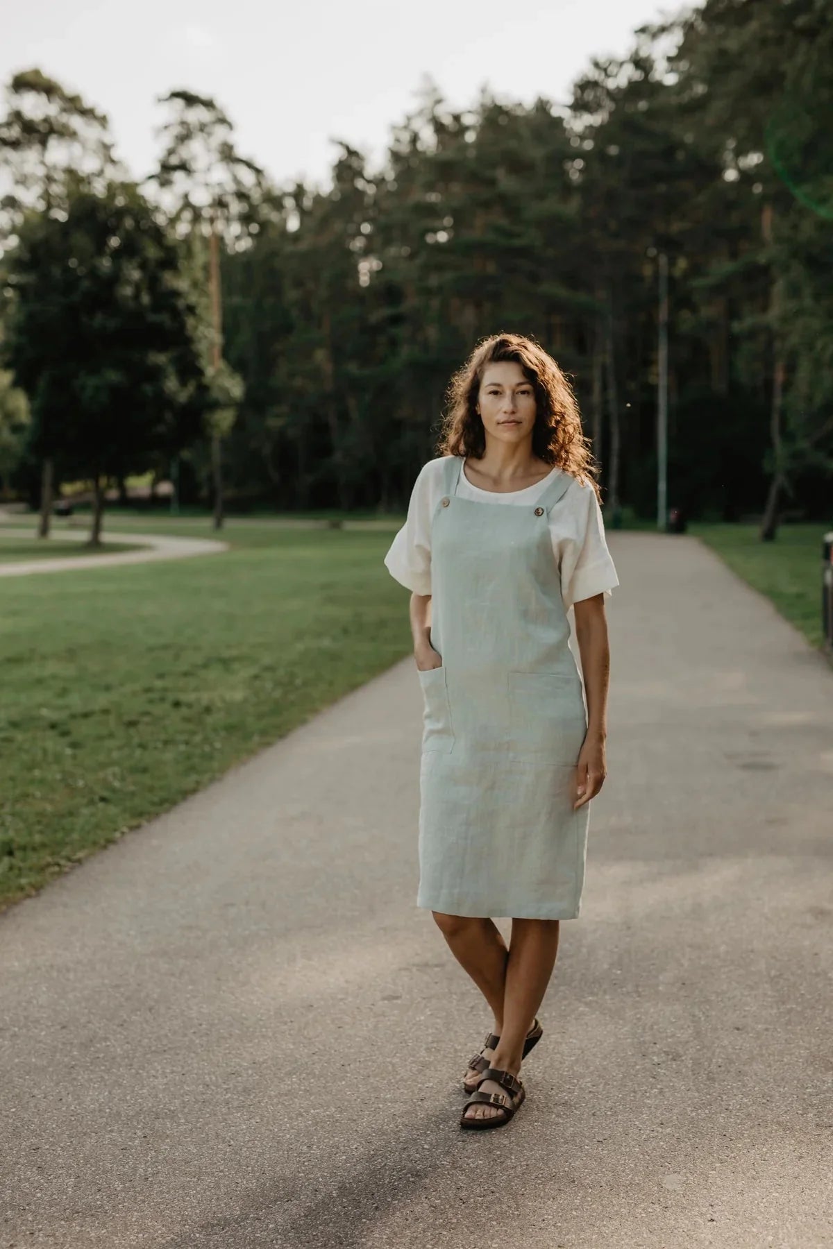 Jade Linen Apron Dress Dresses AmourLinen S Sage Green