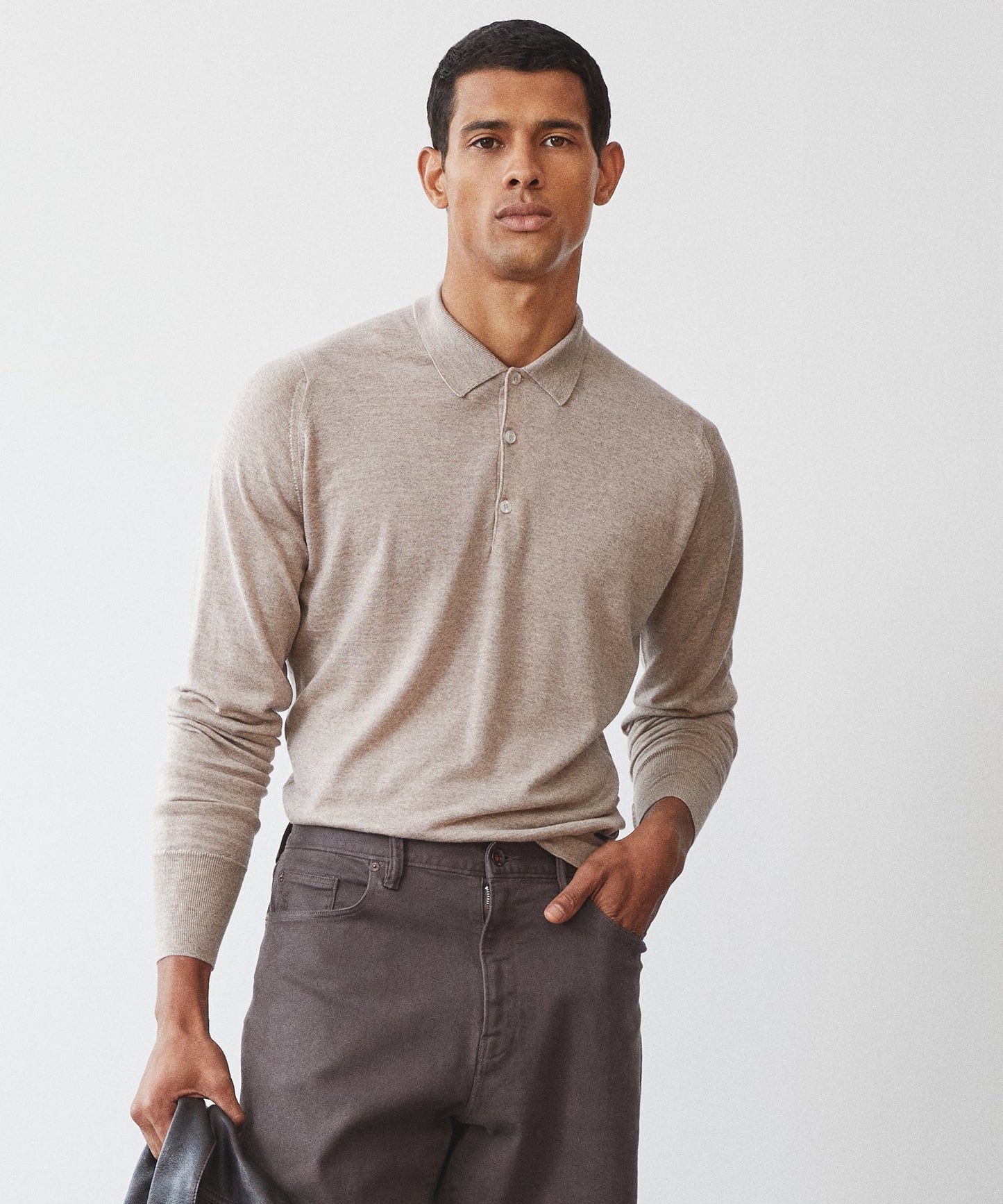John Smedley x Todd Snyder Long Sleeve Polo in Soft Fawn