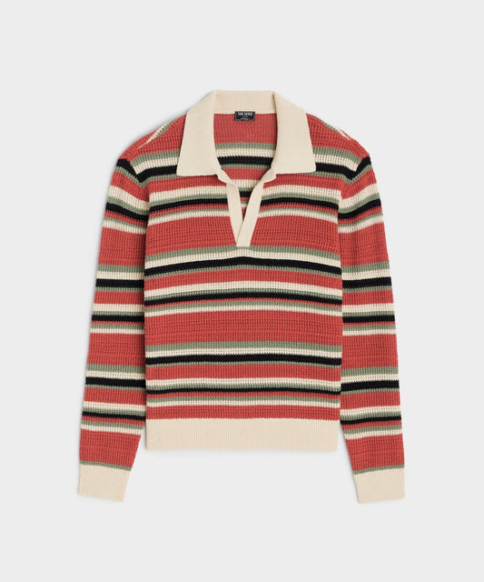 Long-Sleeve Stripe Montauk Polo in Barn Red