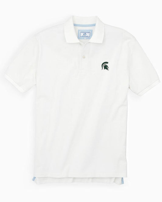 The front view of the Men's White Michigan Spartans Pique Polo Shirt by Southern Tide - Classic White
