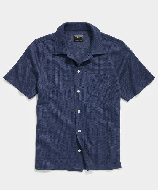 Open-Knit Linen Polo in Navy