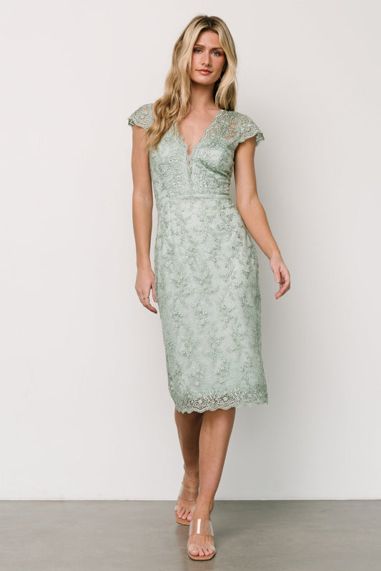Oriana Embossed Shimmer Midi Dress | Sage - Baltic Born