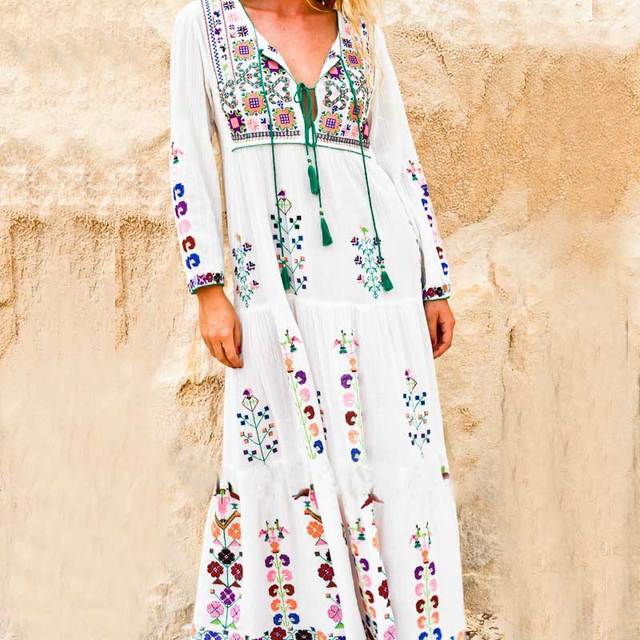 Boho Inspired Floral Embroidered Long Sleeve Tassel Dress