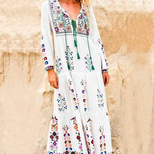 Boho Inspired Floral Embroidered Long Sleeve Tassel Dress