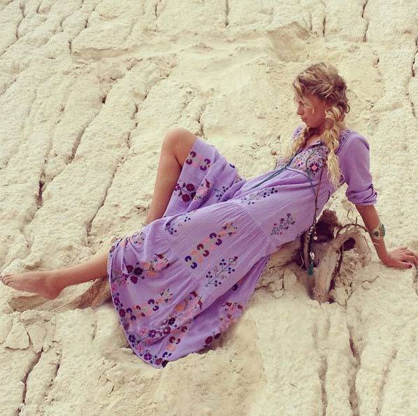 Boho Inspired Floral Embroidered Long Sleeve Tassel Dress