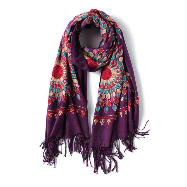 Embroidery Cashmere Wraps Wool Scarf