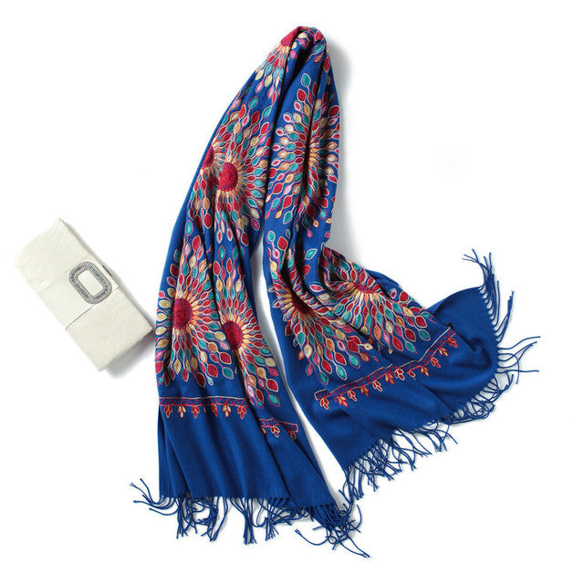 Embroidery Cashmere Wraps Wool Scarf