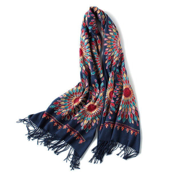 Embroidery Cashmere Wraps Wool Scarf