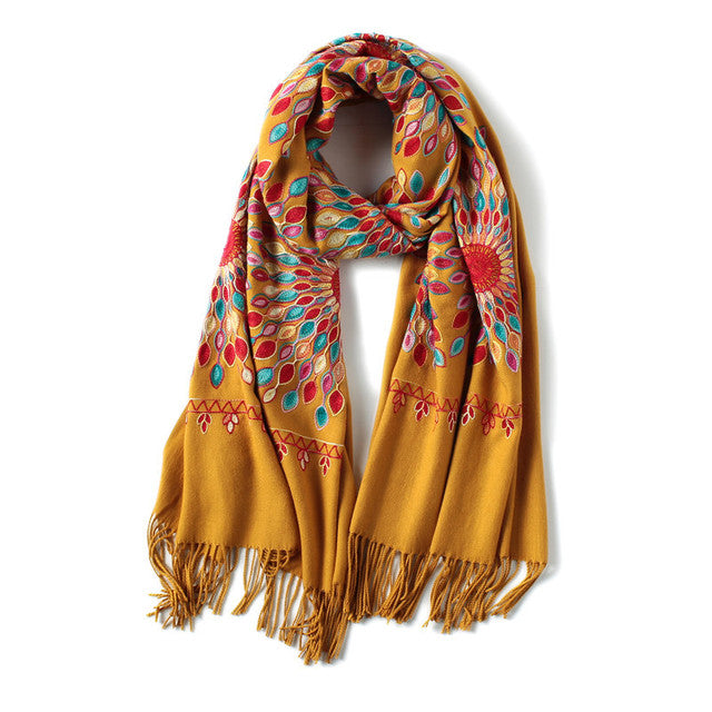 Embroidery Cashmere Wraps Wool Scarf