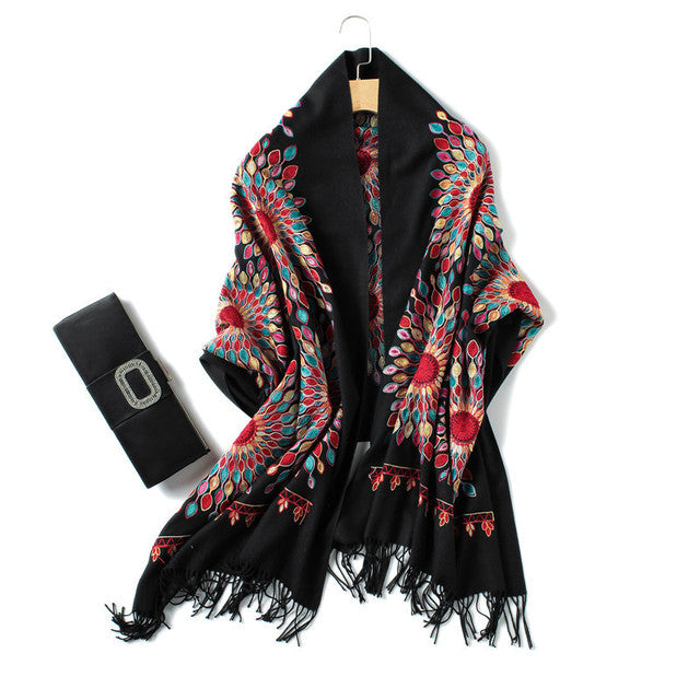 Embroidery Cashmere Wraps Wool Scarf