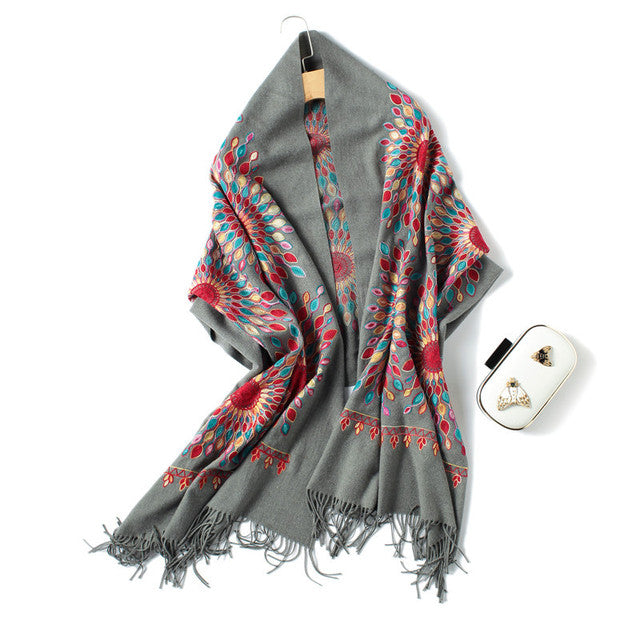 Embroidery Cashmere Wraps Wool Scarf