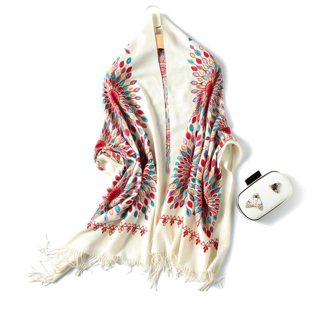 Embroidery Cashmere Wraps Wool Scarf