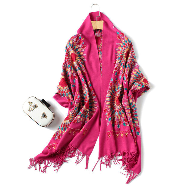Embroidery Cashmere Wraps Wool Scarf