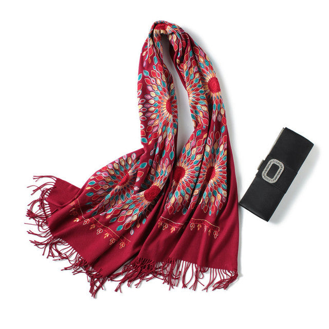 Embroidery Cashmere Wraps Wool Scarf
