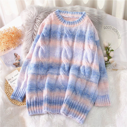 Rainbow Tie Dye O-Neck Long Loose Striped Sweater