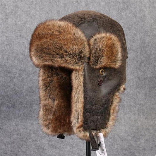 Fur Leather Thick Warm Bomber Hat With Ear Flaps