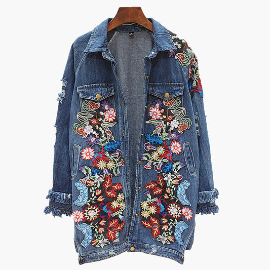 Harajuku Flower Embroidery Hole Loose Casual Denim Jacket