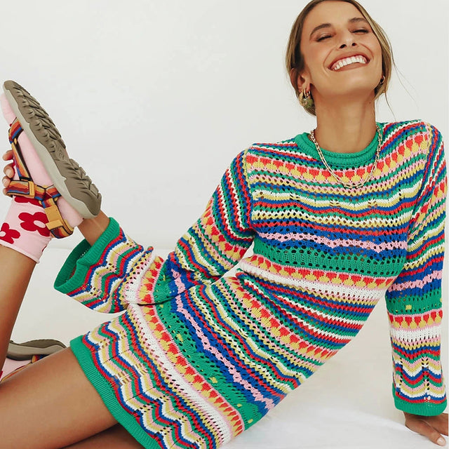 Boho Striped Knit Crochet Sweater Dress