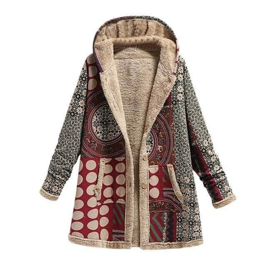 Warm Printing Thick Fleece Hooded Long Jacket with Pocket