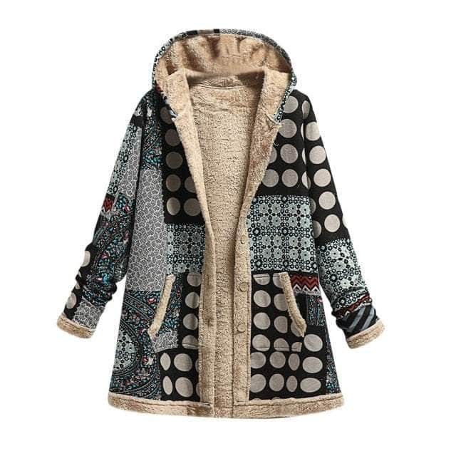 Warm Printing Thick Fleece Hooded Long Jacket with Pocket