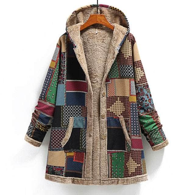 Warm Printing Thick Fleece Hooded Long Jacket with Pocket
