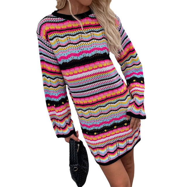 Boho Striped Knit Crochet Sweater Dress