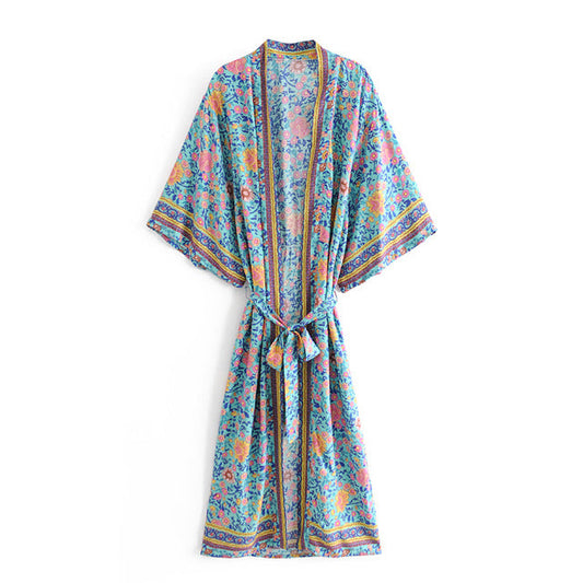 Green Floral Print Bohemian Kimono Dress Robe