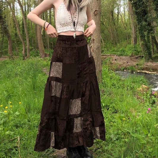 Vintage Brown Patchwork Long Skirts Printed Boho