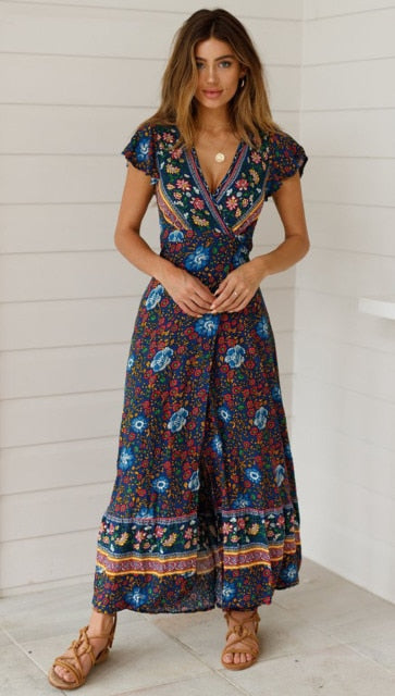 Floral Print V-Neck Maxi Dress