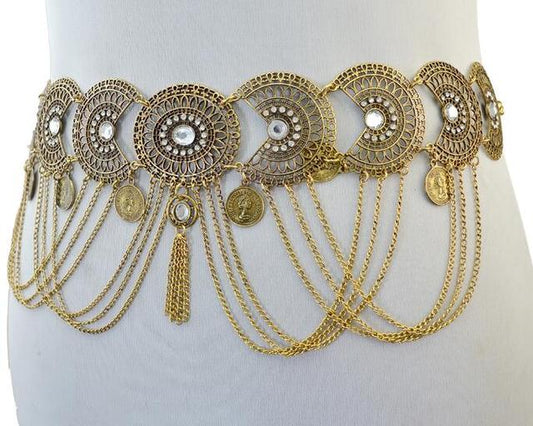Gypsy Gold Metal Crystal Coin Tassel Dance Belt