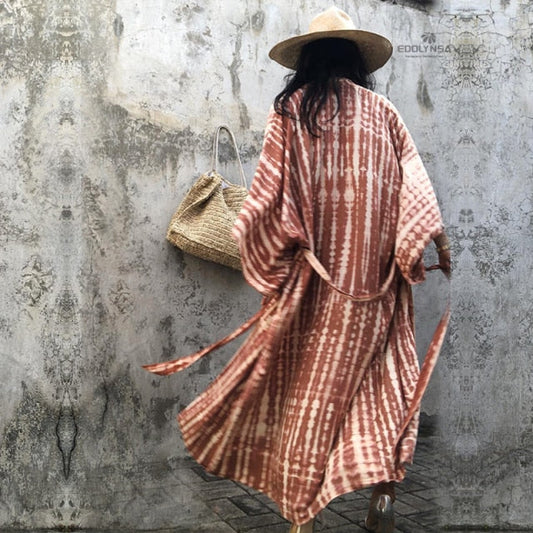 Retro Boho Long Sleeve Kimono Dress