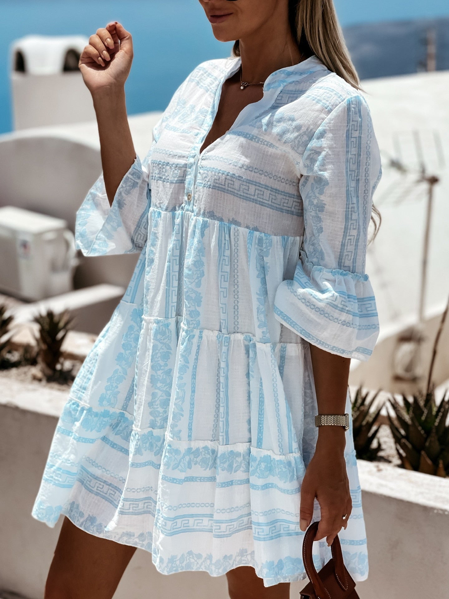 Casual Stripe Printed Ruffles Mini Dress