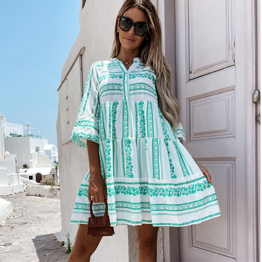 Casual Stripe Printed Ruffles Mini Dress
